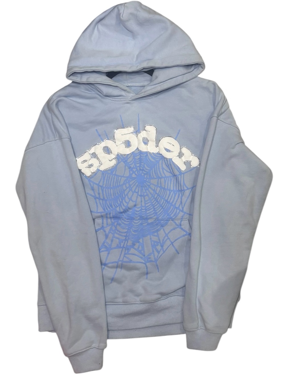 Sp5der OG Web Hoodie Light Blue Blue Spiderweb Rhinestone Graphic Size S